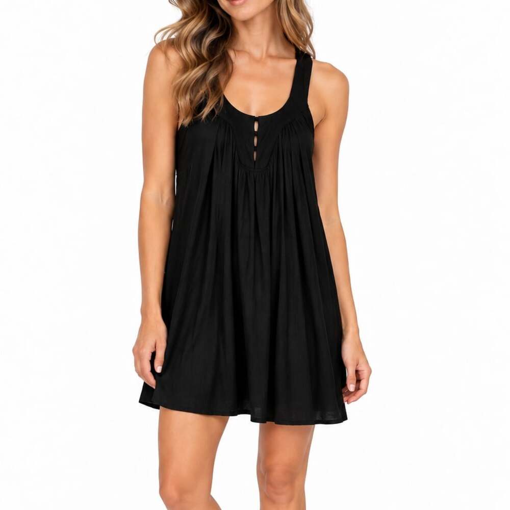 Espresso Black Sleeveless Pleated Swing Mini Dress Racerback Keyhole Detail